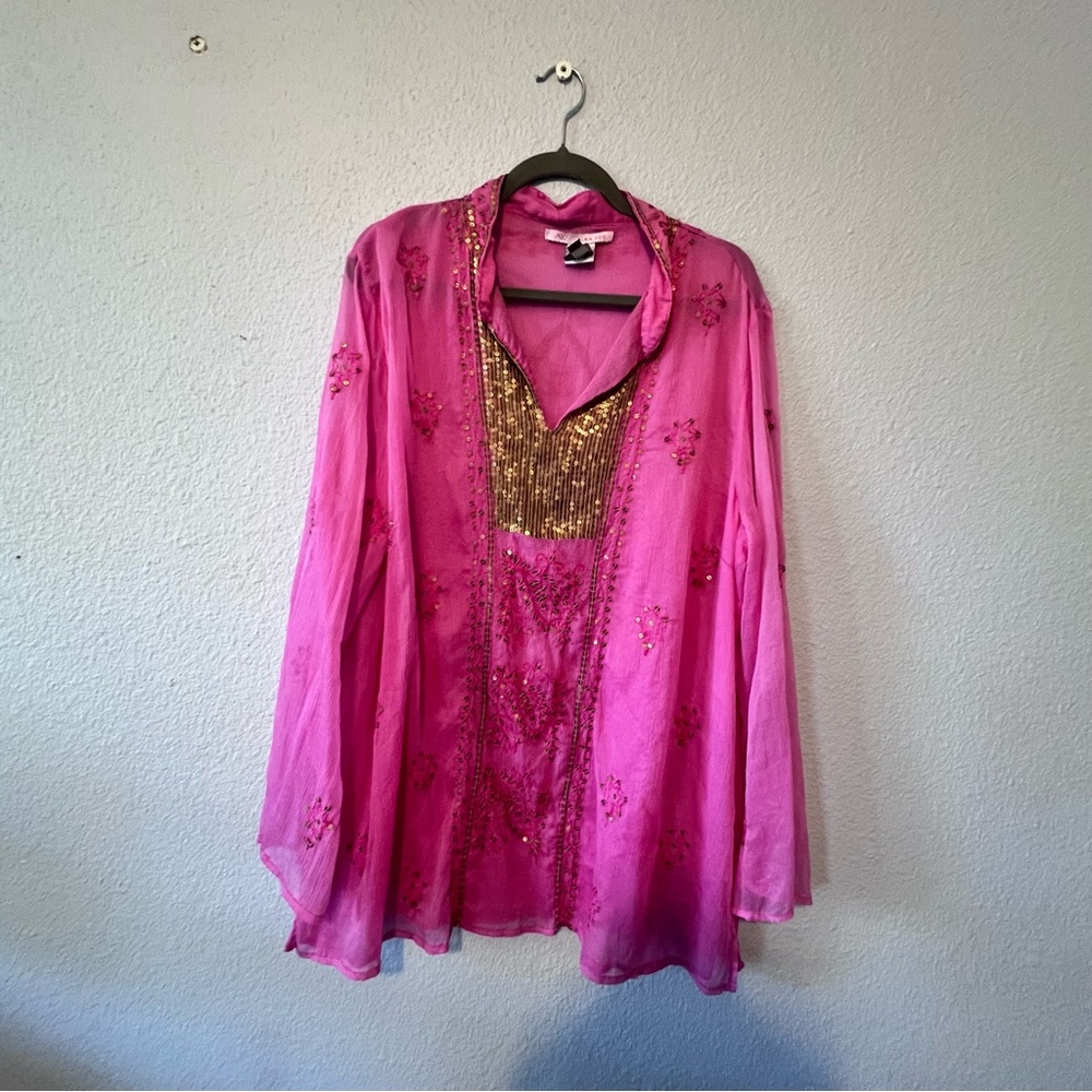 Pink semi sheer long sleeve blouse, tunic, Indian style for summer Sz 22